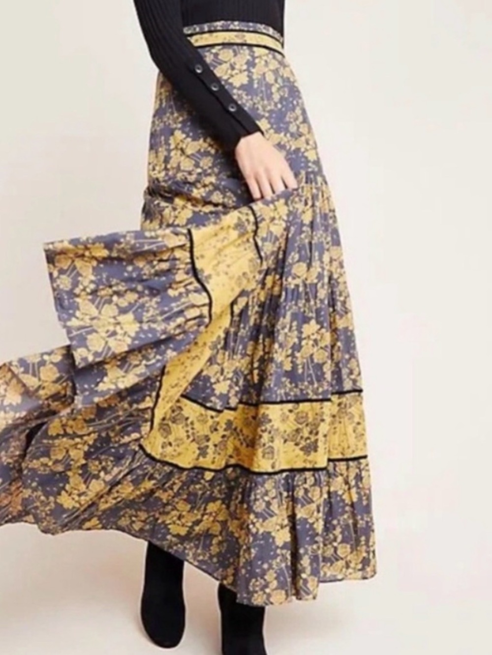 Bohemian Tiered Maxi Skirt in Yellow and Gray Floral